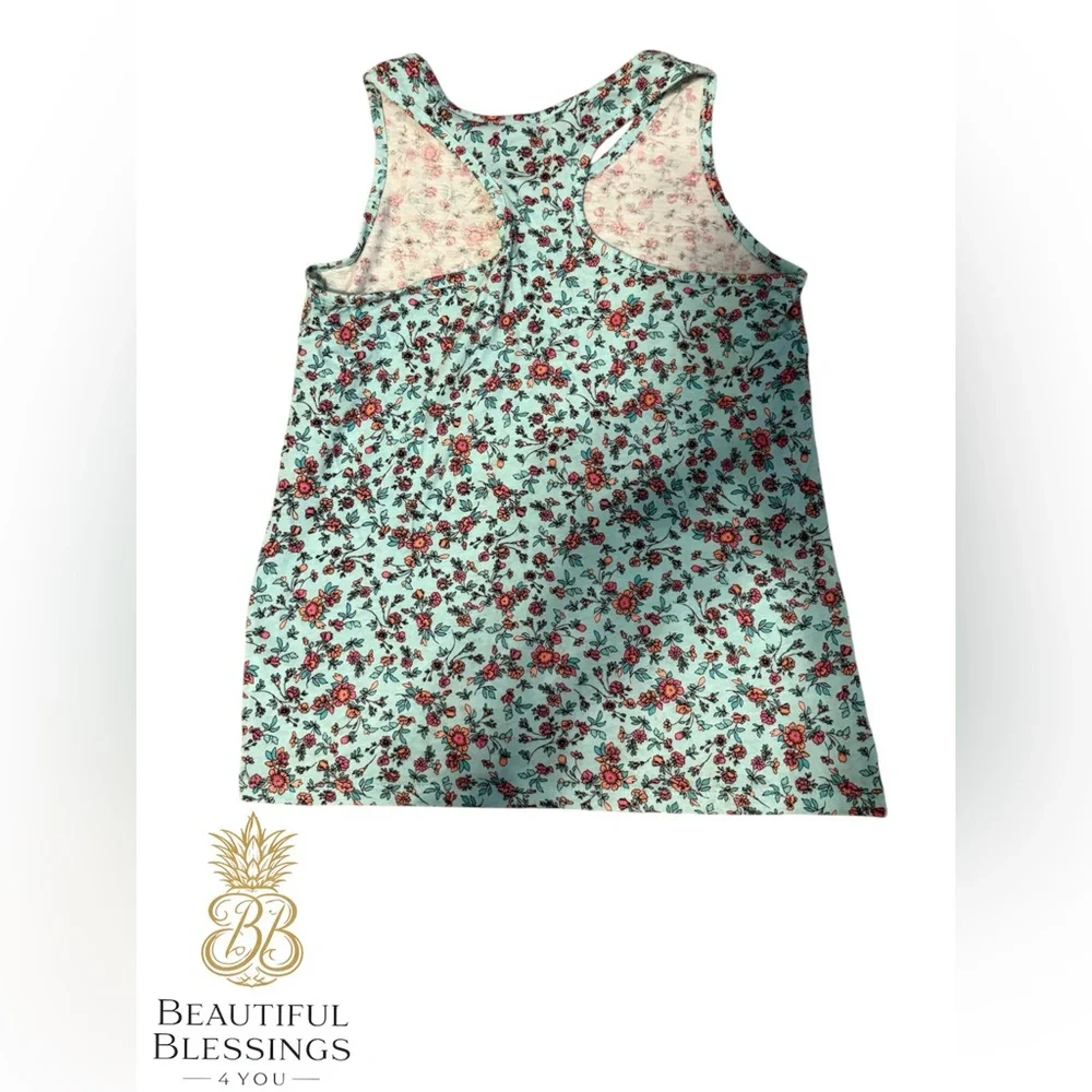 Children’s Place Floral Racerback Tank in Mint with Red & Pink Blooms - Size Lg